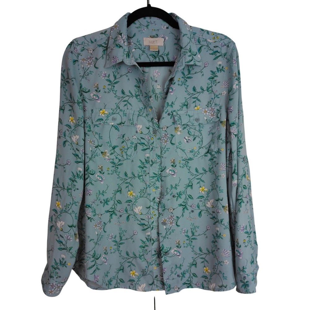 LOFT Outlet Blue Floral Long Sleeve Button Down Shirt Size Medium Work Blouse